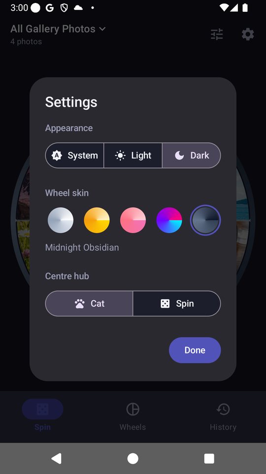 Settings with appearance, wheel skin and centre hub choices